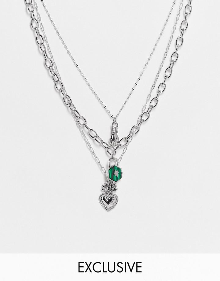 Reclaimed Vintage Inspired Unisex Multirow Necklace With Flaming Heart Charms In Silver