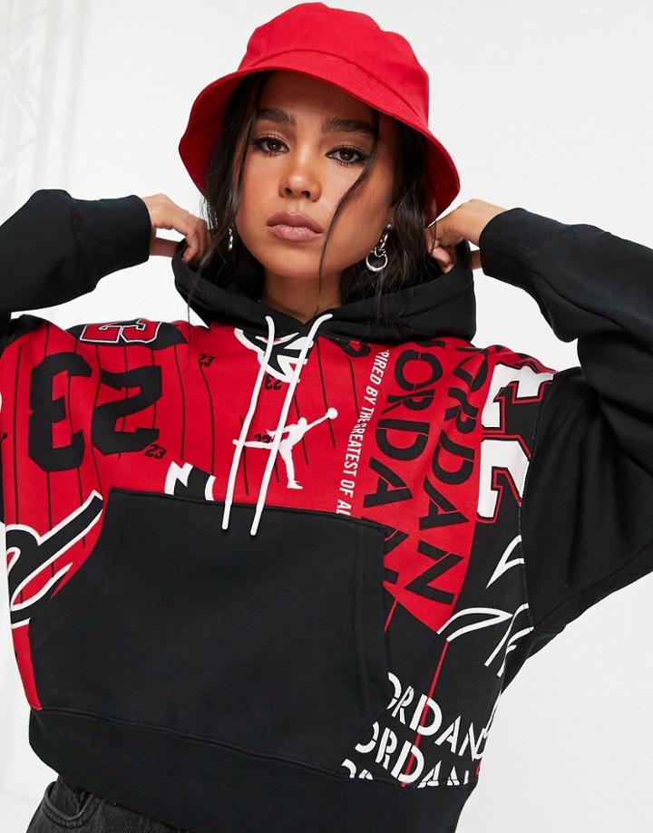 Nike Jordan Core Essentials All Over Print Fleece Hoodie In Black/red