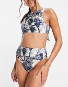 Asos Design High Leg High Waist Bikini Bottom In Vintage Outline Print-multi