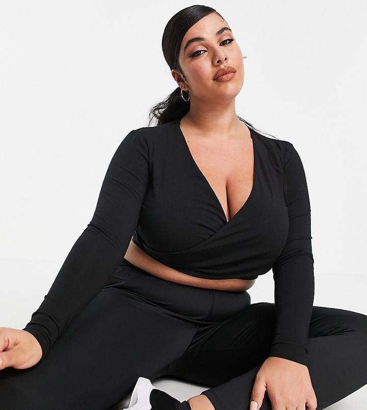 Asos 4505 Curve Yoga Long Sleeve Wrap Top In Organic Cotton-black