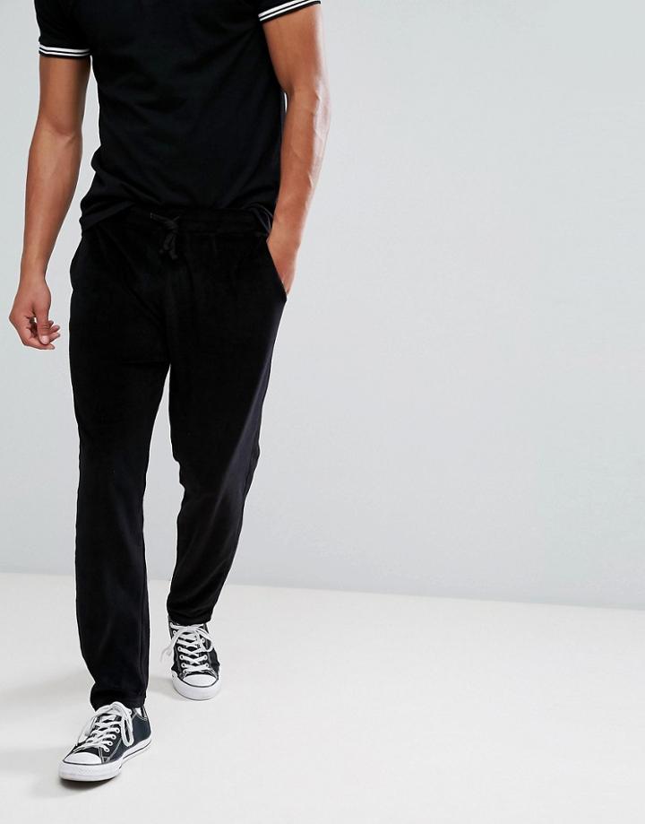 Stradivarius Slim Velvet Joggers In Black - Black