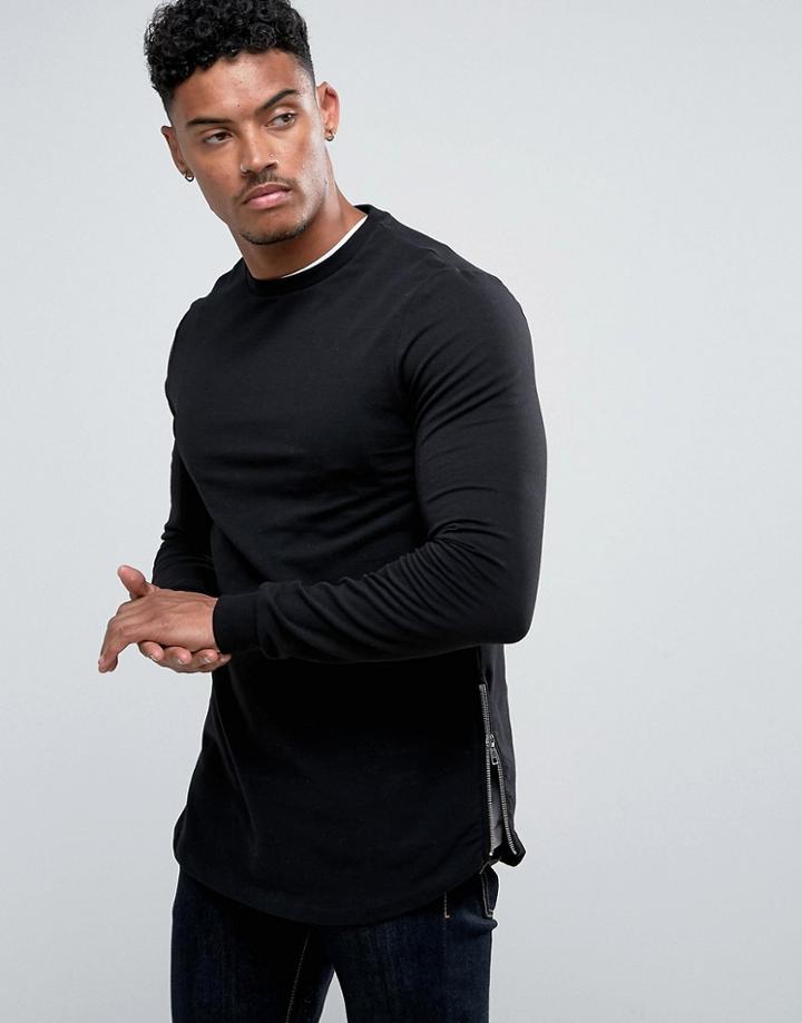 Asos Longline Muscle Fit Sweatshirt With Side Zip In Black - Black