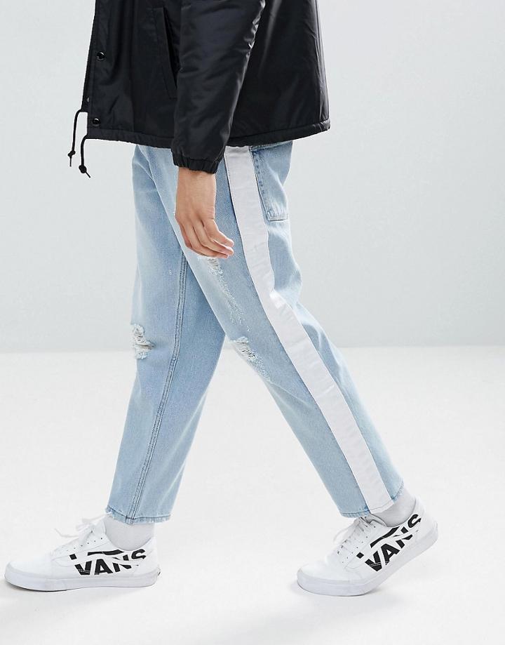 Asos Skater Jeans In Light Wash With Abrasions And Side Stripe - Blue