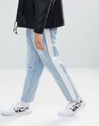 Asos Skater Jeans In Light Wash With Abrasions And Side Stripe - Blue
