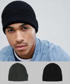 Asos Design Fisherman Beanie 2 Pack In Black & Olive Recycled Polyester Save - Multi