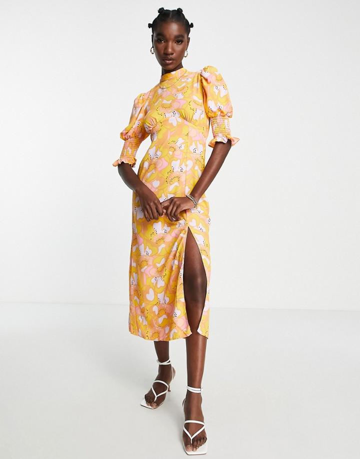 River Island Floral Curved Seam Midi Dress In Orange