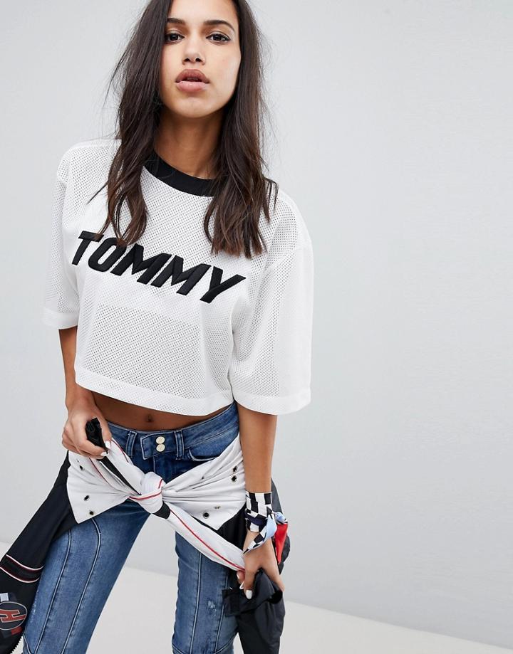 Gigi Hadid Tommy Logo Mesh Crop T-shirt - White