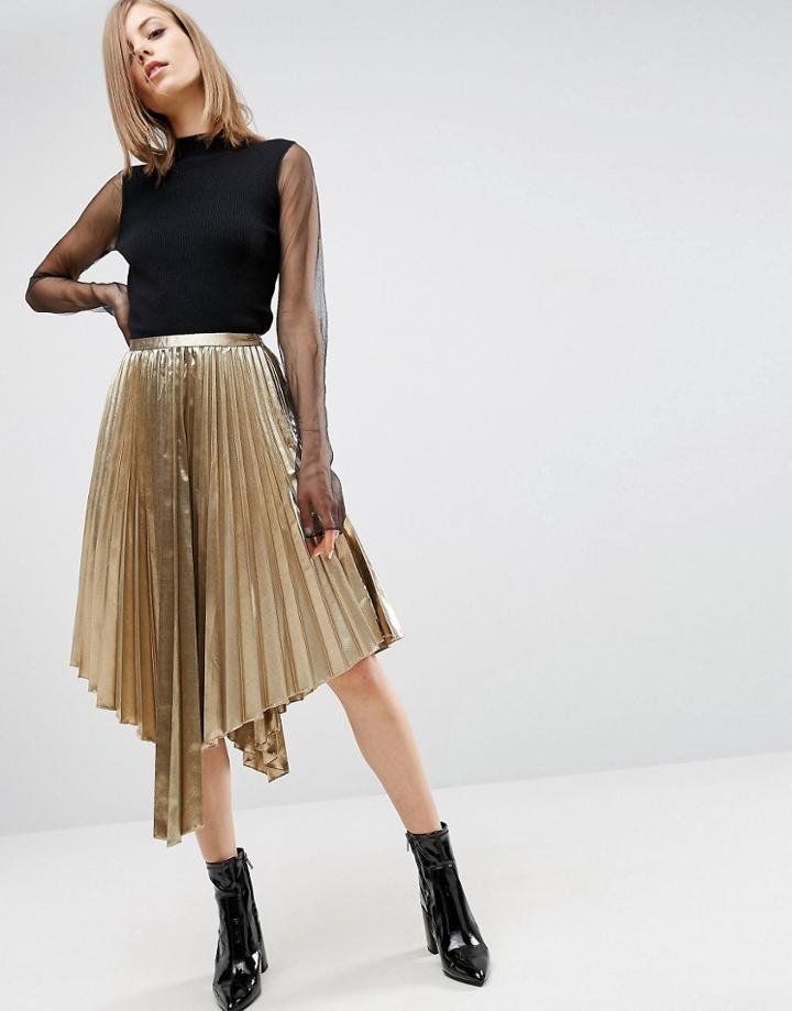 Asos Metallic Pleated Midi Skirt With Hanky Hem - Gold