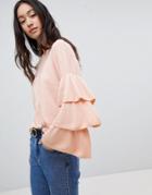 Only Ruffle Layered Sleeve Lightweight Sweater - Pink