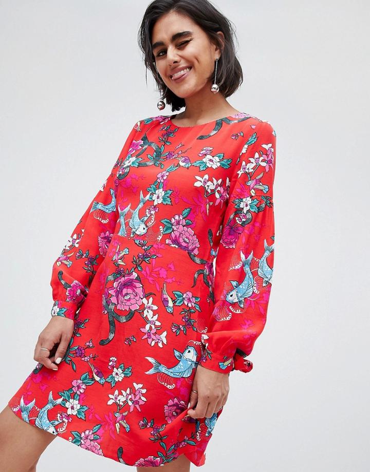 H! By Henry Holland Dress In Floral Fish Print-red
