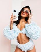 Asos Luxe Bardot Sleeve 3d Floral Bikini Top In Blue