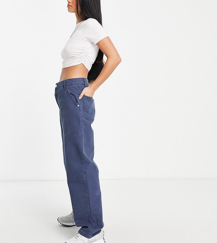 Asos Design Petite Slouchy Straight Leg Pants In Navy