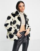 Qed London Faux Fur Coat In Heart Print-multi