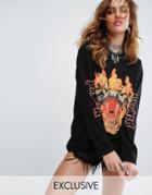 Sacred Hawk Oversized Long Sleeve Top With Sequin Pantera Print - Black