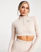 Twill Active Seamless Sustainable Recycled Long Sleeve High Neck Zip Crop Top In Mink-pink