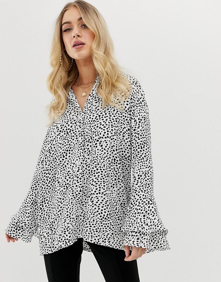 Club L Animal Printed Shirt With Ruffle Sleeve Detail-cream