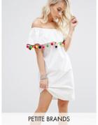 Noisy May Petite Bardot Dress With Pom Pom Trim - White