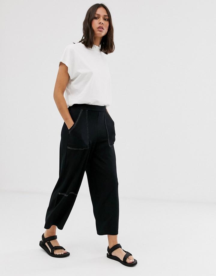 Asos Design Clean Utility Cropped Wide Pants With Contrast Stitch-black