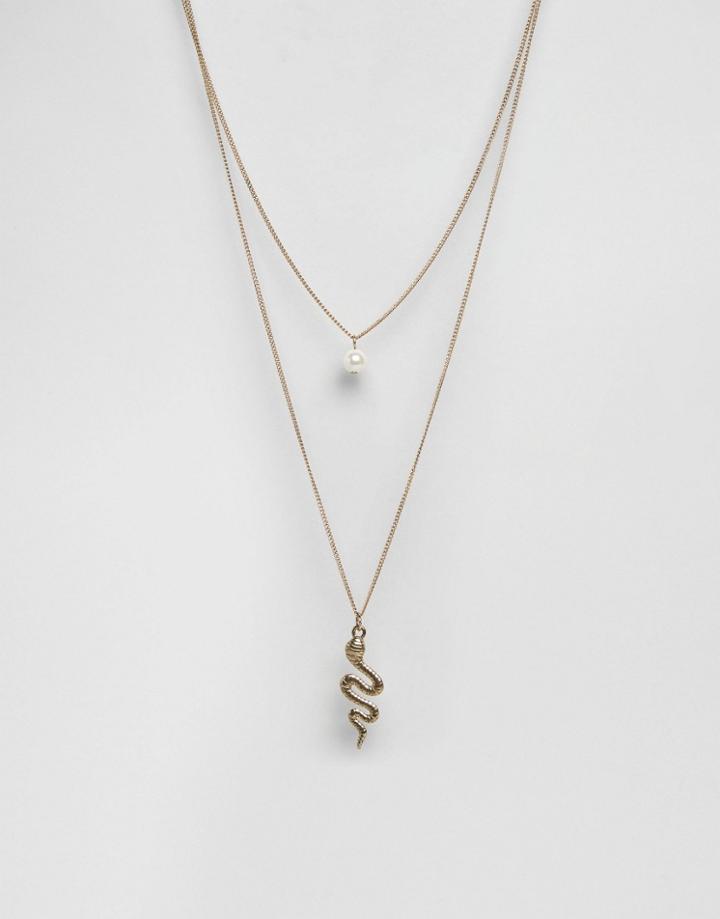 Asos Multirow Snake Charm Long Pendant Necklace - Antique Gold