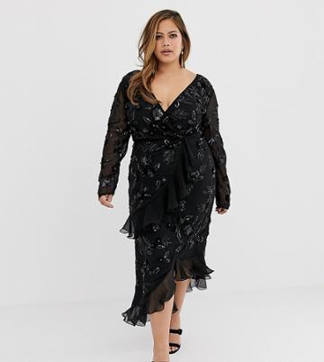 Virgos Lounge Plus Floral Embellished Wrap Front Ruffle Asymmetric Midi Dress In Black - Blue
