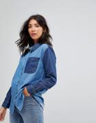 Lunik Color Block Denim Button Up Shirt - Blue