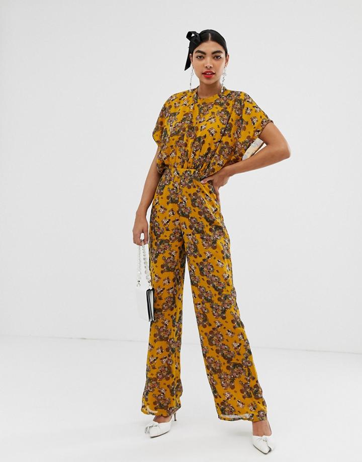 Unique21 Short Sleeve Floral Jumpsuit - Yellow