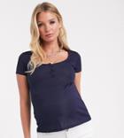 Fashionkilla Maternity Button Through Plunge Ribbed Top In Navy - Beige