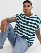 Asos Design Oversized Stripe T-shirt With Merci Print And Roll Sleeve-white