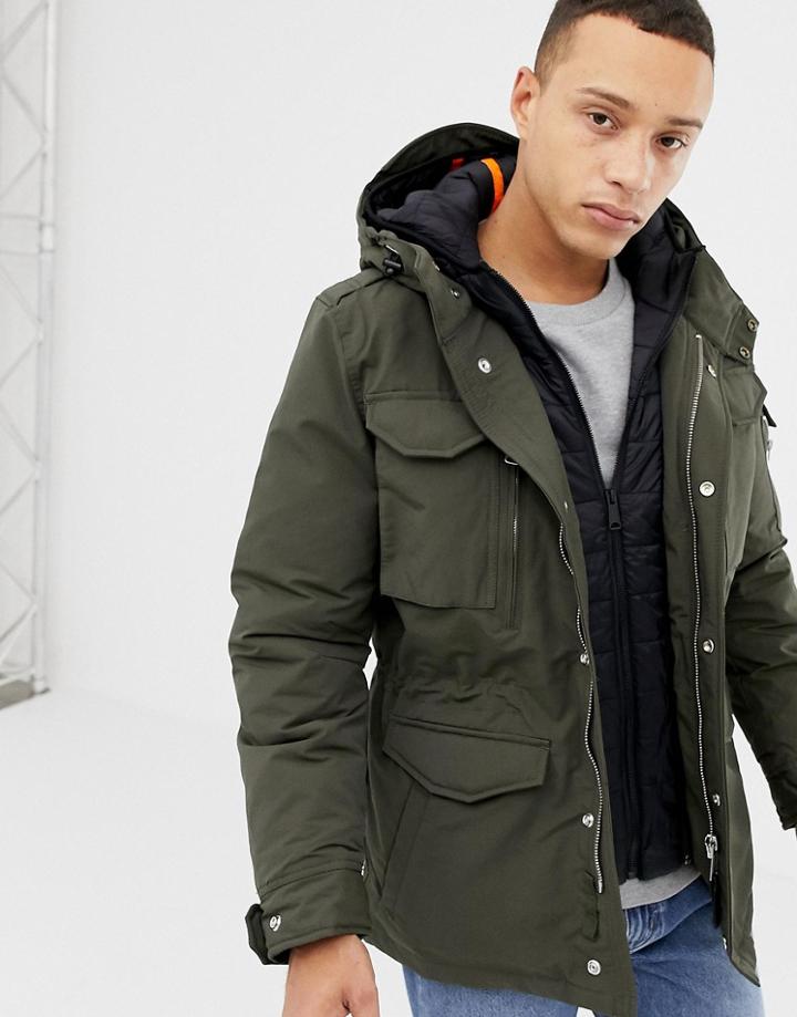 Schott Smith 18 Detachable Quilted Hooded Insert M65 Parka Jacket Slim Fit In Green/black - Green