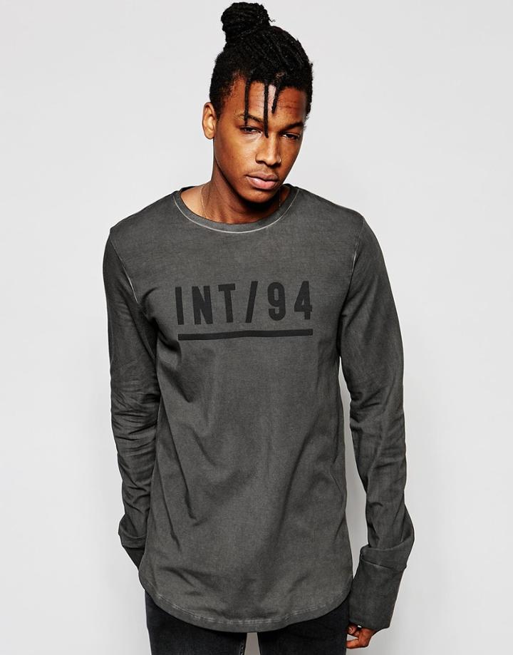 Asos Oil Wash Longline Long Sleeve T-shirt With Print And Thumbholes - Black
