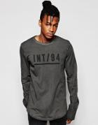 Asos Oil Wash Longline Long Sleeve T-shirt With Print And Thumbholes - Black