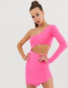 Fashionkilla One Shoulder Cut Out Bodycon Dress In Neon Pink