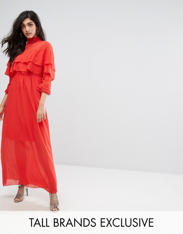 Y.a.s Tall Chinz High Neck Awkward Length Dress With Ruffle Detail - Red