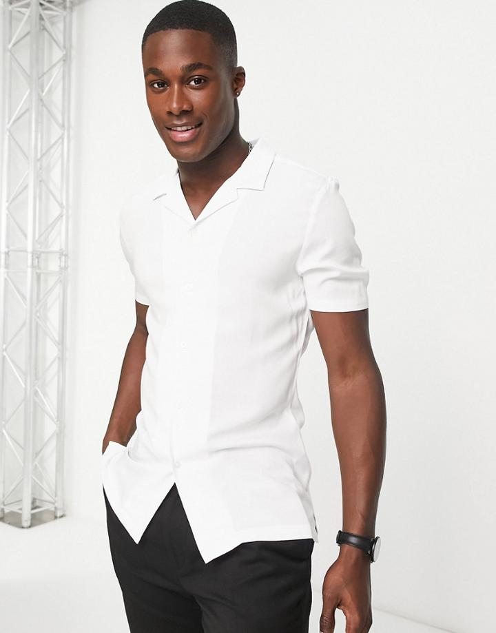 Asos Design Deep Camp Collar Muscle Viscose Shirt In White