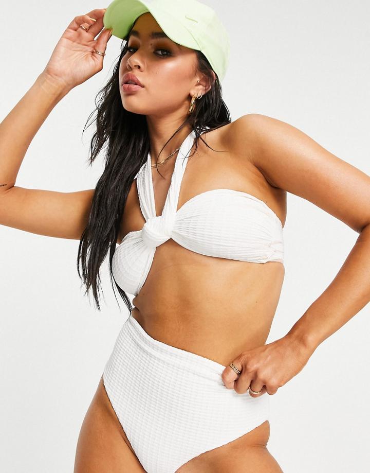 Asos Design Textured High Leg High Waist Bikini Bottom In Neutral-white