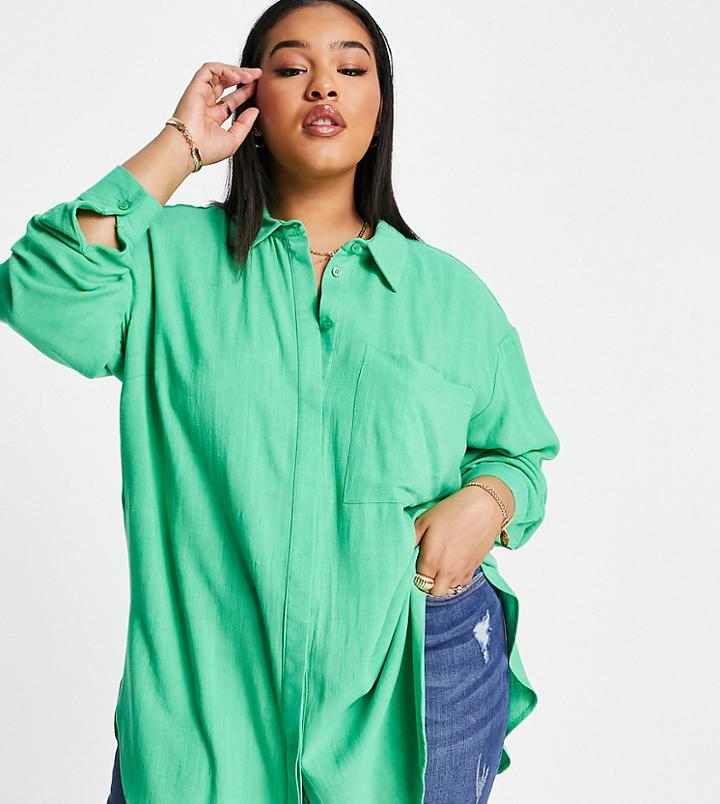 Asos Design Curve Longline Oversized Shirt In Textured Green