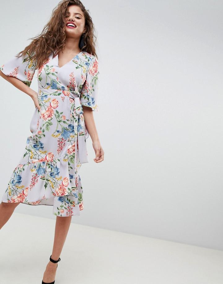 Asos Floral Print Kimono Sleeve Wrap Midi Dress - Multi