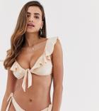 South Beach Off Shoulder Tie Front Bikini Top In Blush - Beige