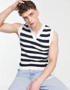 Asos Design Textured Tank In Black & White Stripes-multi