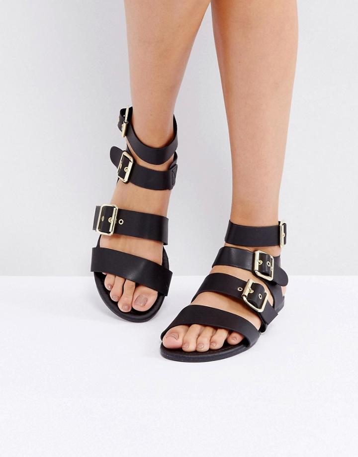 Park Lane Metal Trim Buckle Flat Sandal - Black