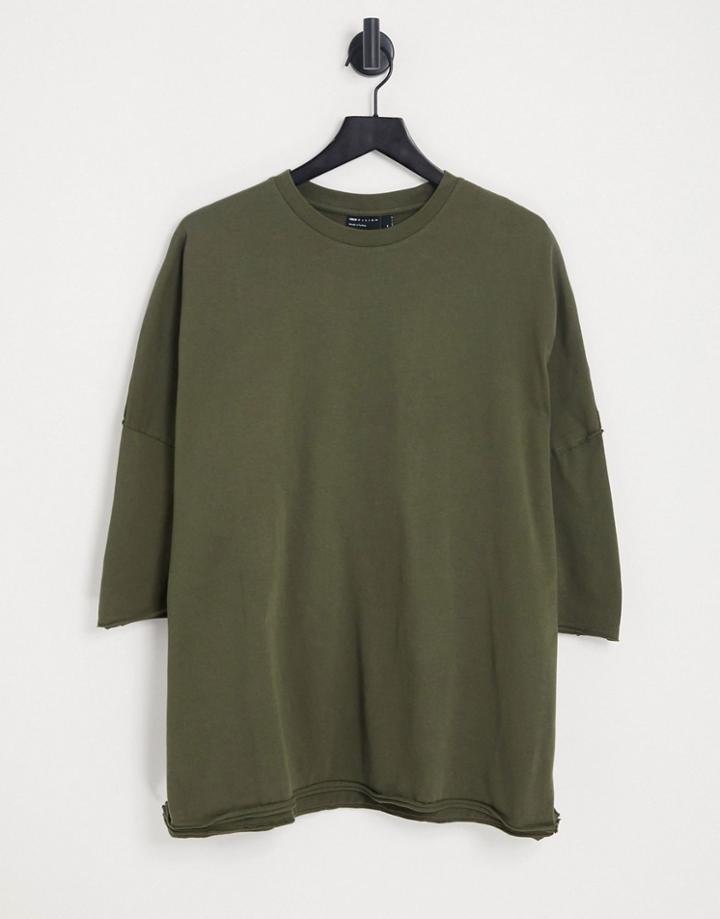 Asos Design Extreme Oversized T-shirt With Side Splits And Raw Seams In Khaki-green