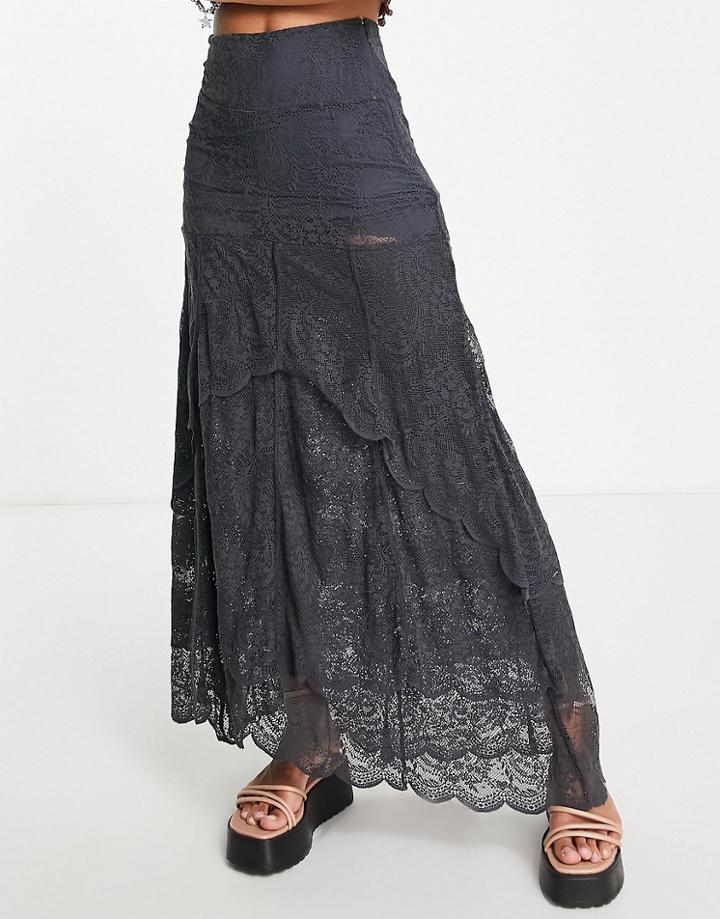 Free People Ruffled Boho Maxi Skirt In Ebony-gray