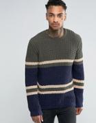 Asos Crew Sweater With Stripe Design In Chenille - Navy
