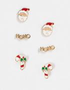 Asos Design Christmas Pack Of 3 Earrings In Mixed Santas Grotto Design-gold