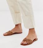 Mango Leather Flat Sandals In Tan - Tan