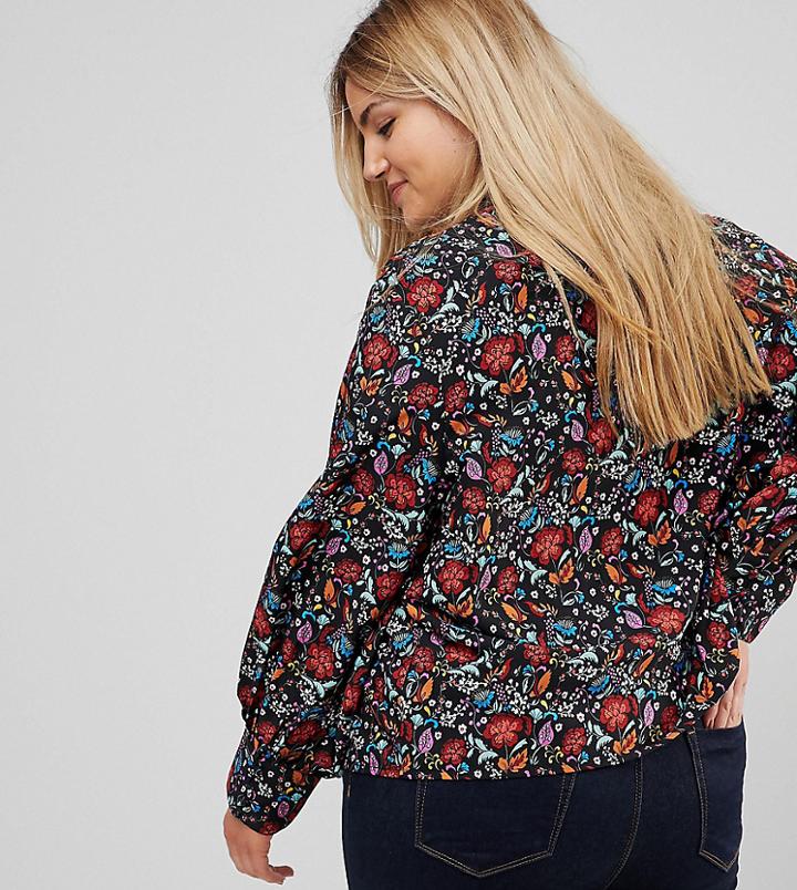 Influence Plus High Neck Floral Top With Lace Yoke And Blouson Sleeve - Multi