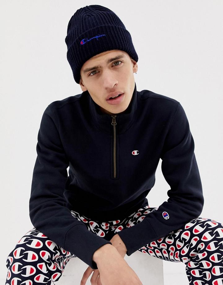 Champion Reverse Weave 1/4 Zip Sweatshirt With Small Logo In Navy - Navy