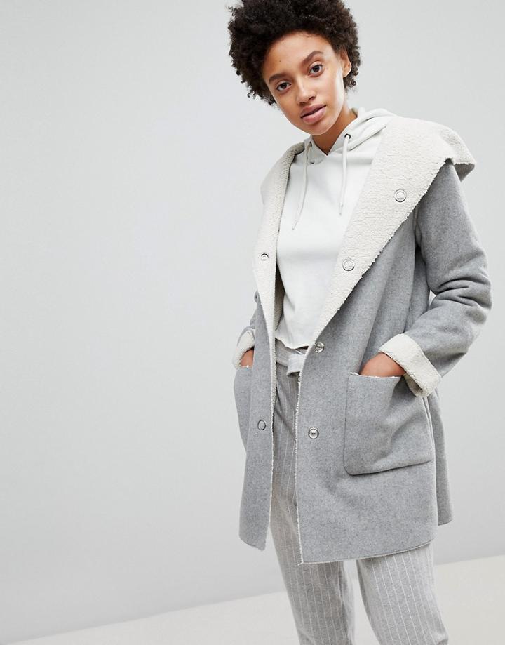 Stradivarius Contrast Faux Fur Shearling Jacket - Gray