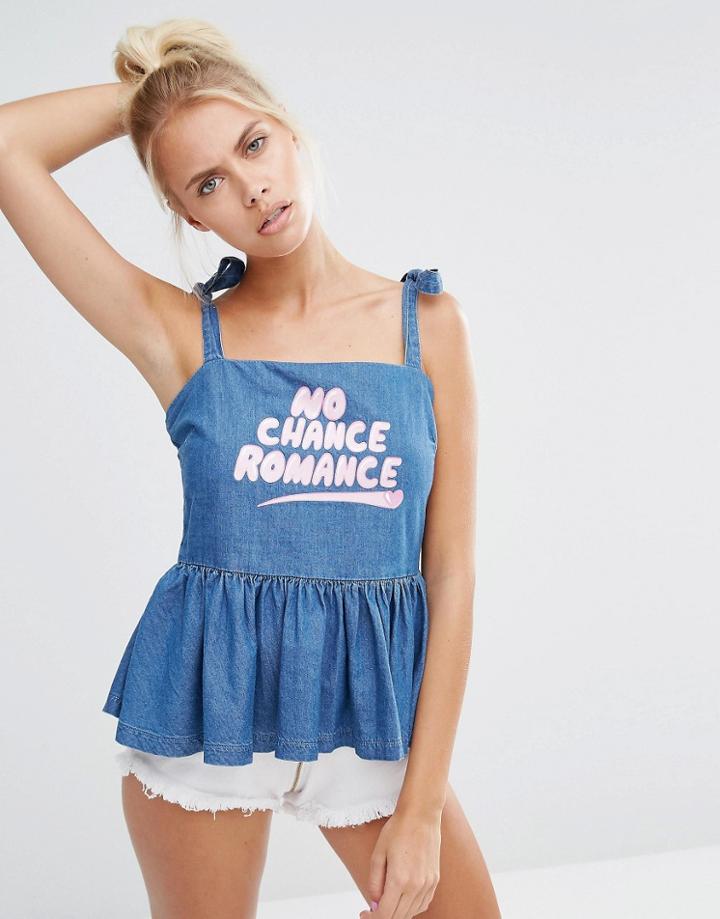 Lazy Oaf Denim Pinafore Top With Frill Hem - Blue