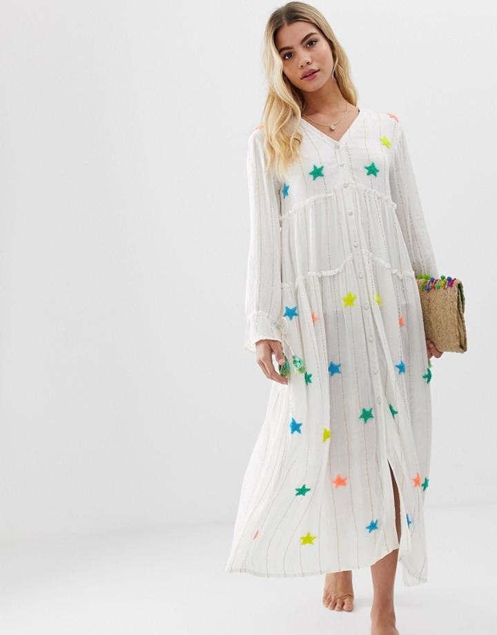 America & Beyond Rainbow Stars Lounge Maxi Beach Dress - White